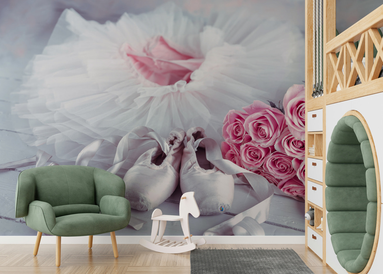 Graceful Ballet Still Life photo, pink roses and pointe shoes wall mural.