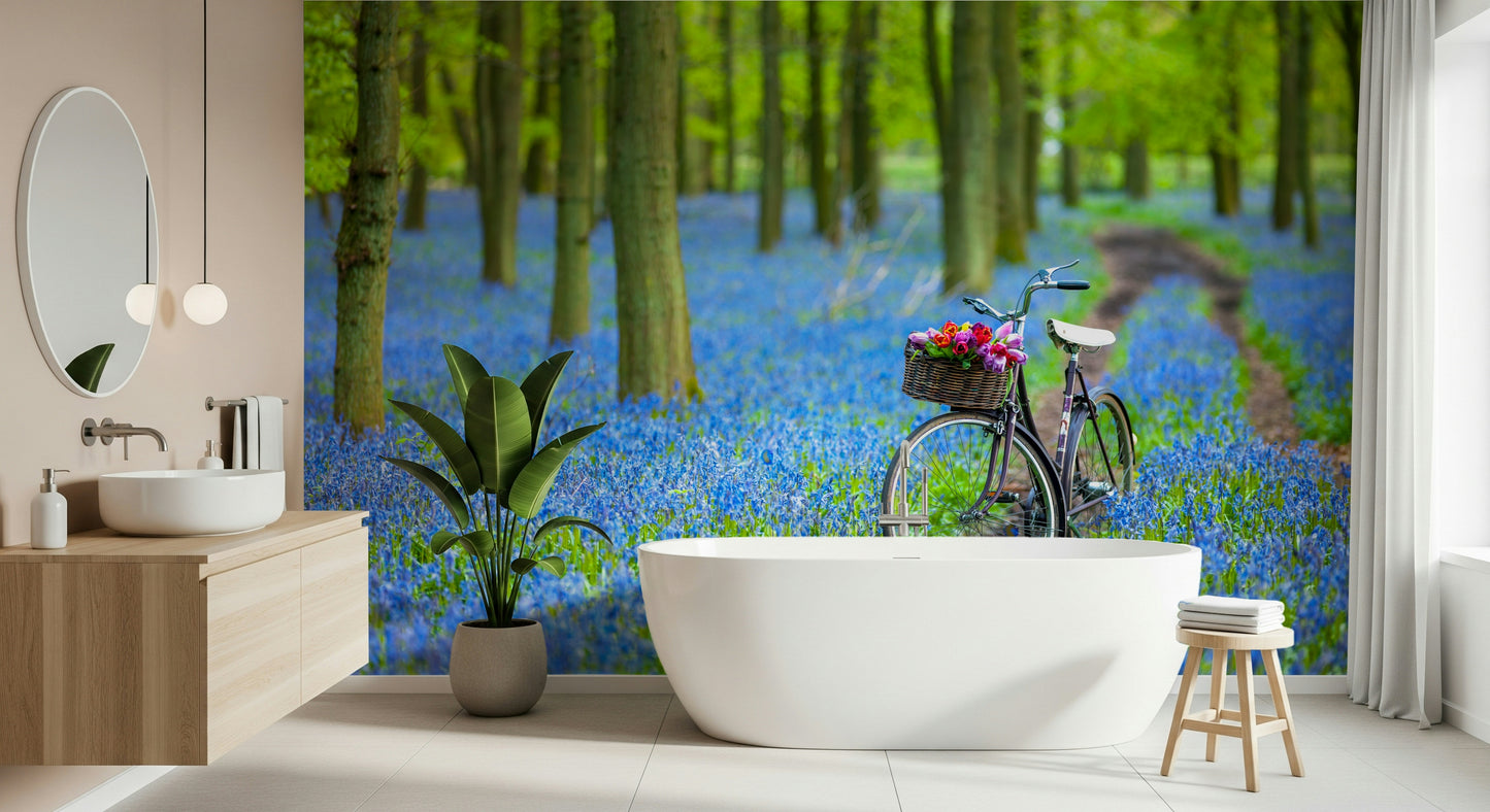 Forest Bike Ride motif, magical pathway through emerald trees wallcovering.
