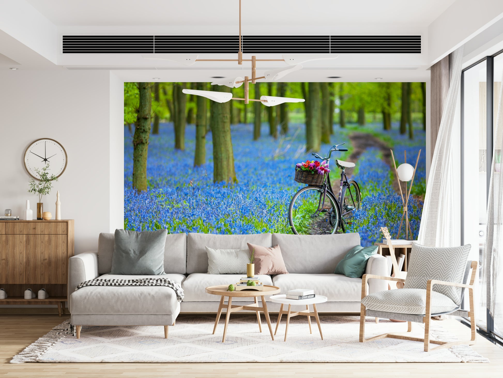 Serene Bluebell Bike Ride wallpaper, calming outdoor escape decorative mural.