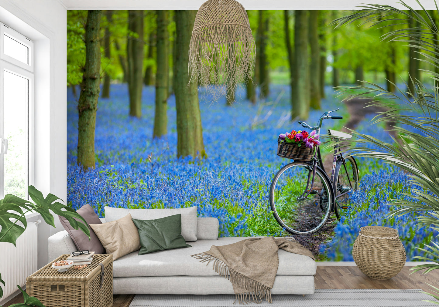 Striking Bluebell Carpet forest, solitary bike waiting on muddy path.