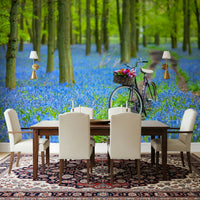Idyllic Bluebell Meadow wallpaper, bicycle basket full of tulips art.