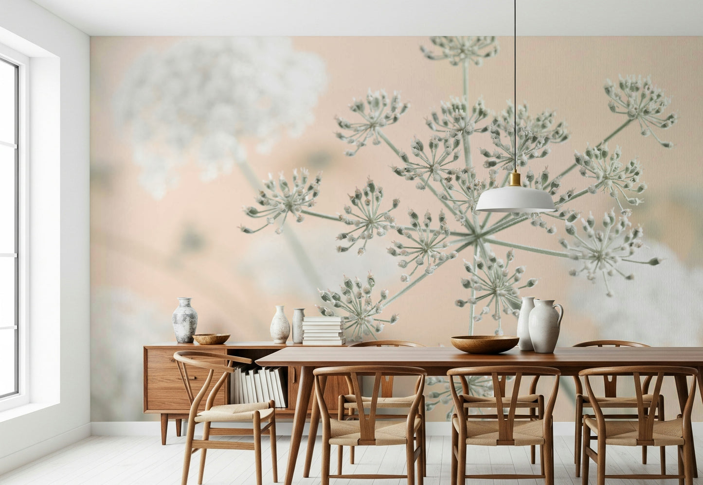 Pale Cow Parsley pattern, refreshing scandinavian style wall mural print.