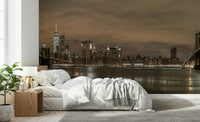 Panoramic wall mural, towering urban buildings and waterfront view design.
