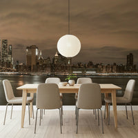 Iconic bridges and skyline at night, stylish urban wall mural backdrop.