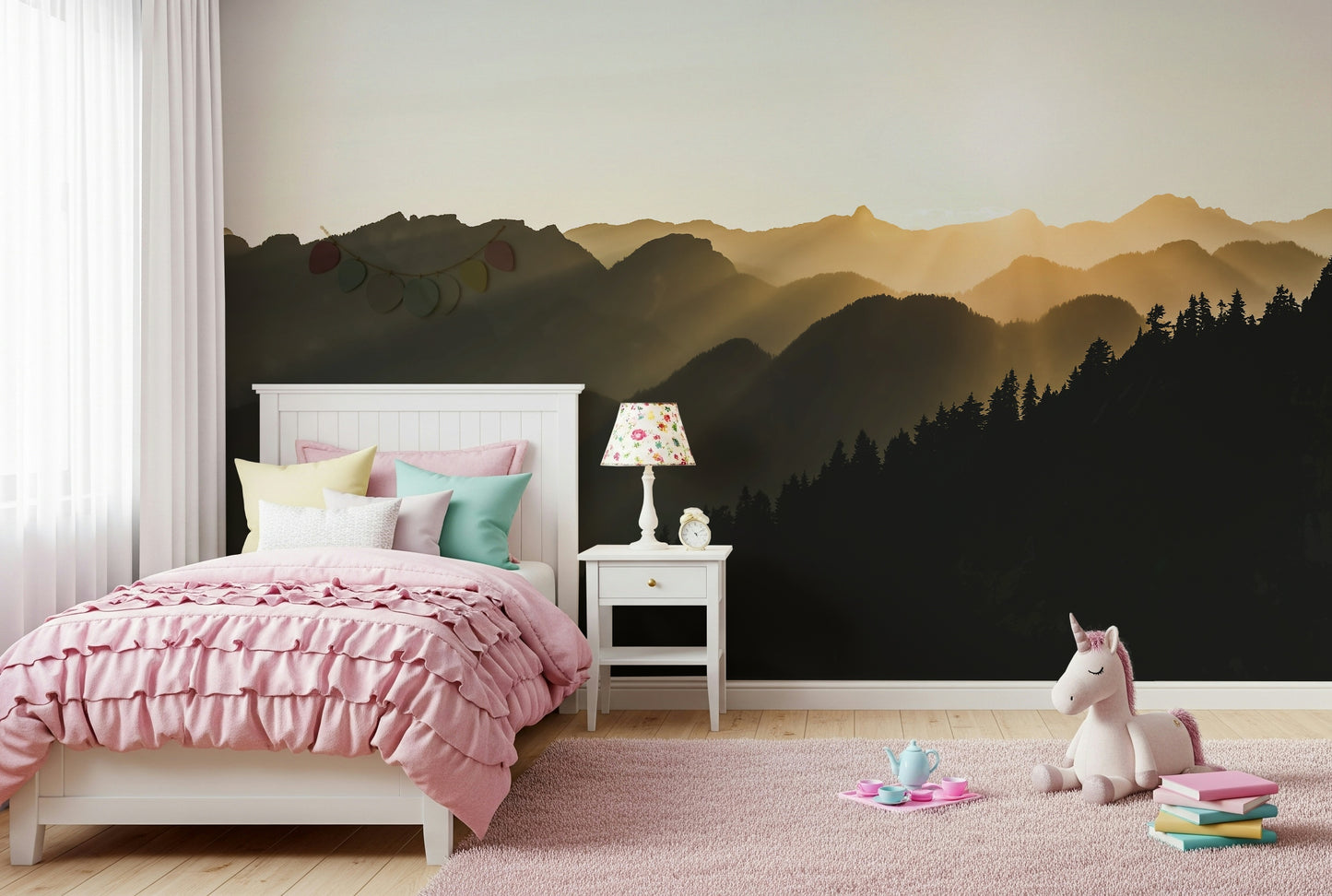 Wallpaper for homes showcasing an atmospheric mountain and woodland scene.