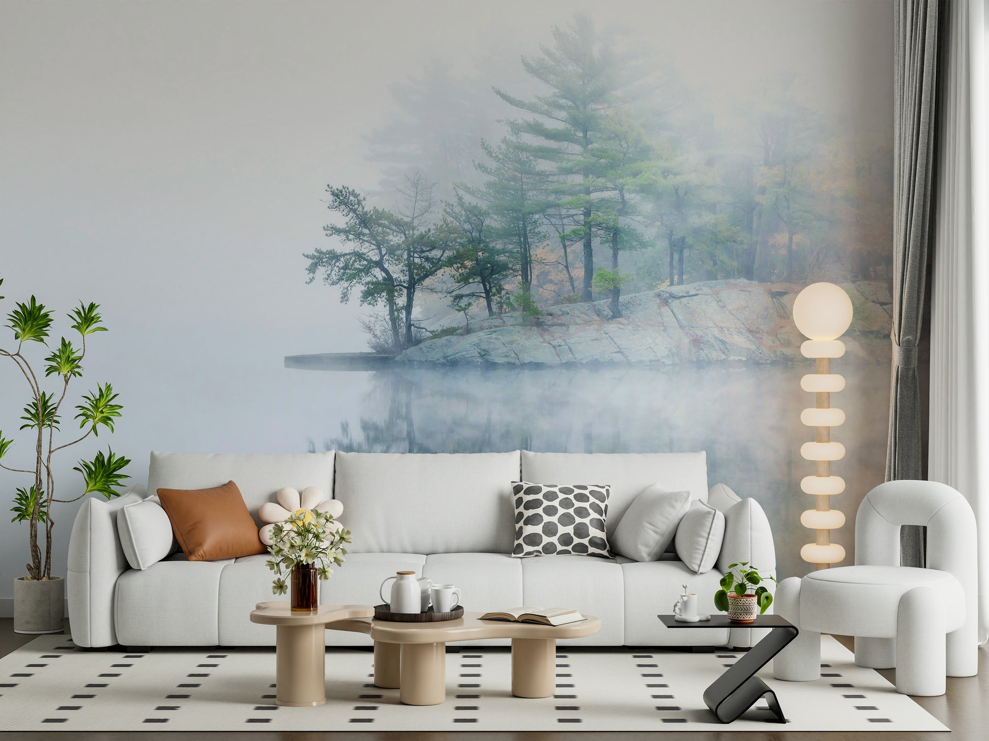 Rocky shore, soft diffused light, beautiful Misty Lake Serenity Woodland wall decor.