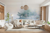 Fading trees into mist, pale light photography, unique Misty Lake Serenity Woodland piece.