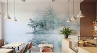 Misty Lake Serenity Woodland wall mural, subtle green pine trees, gentle ambiance.