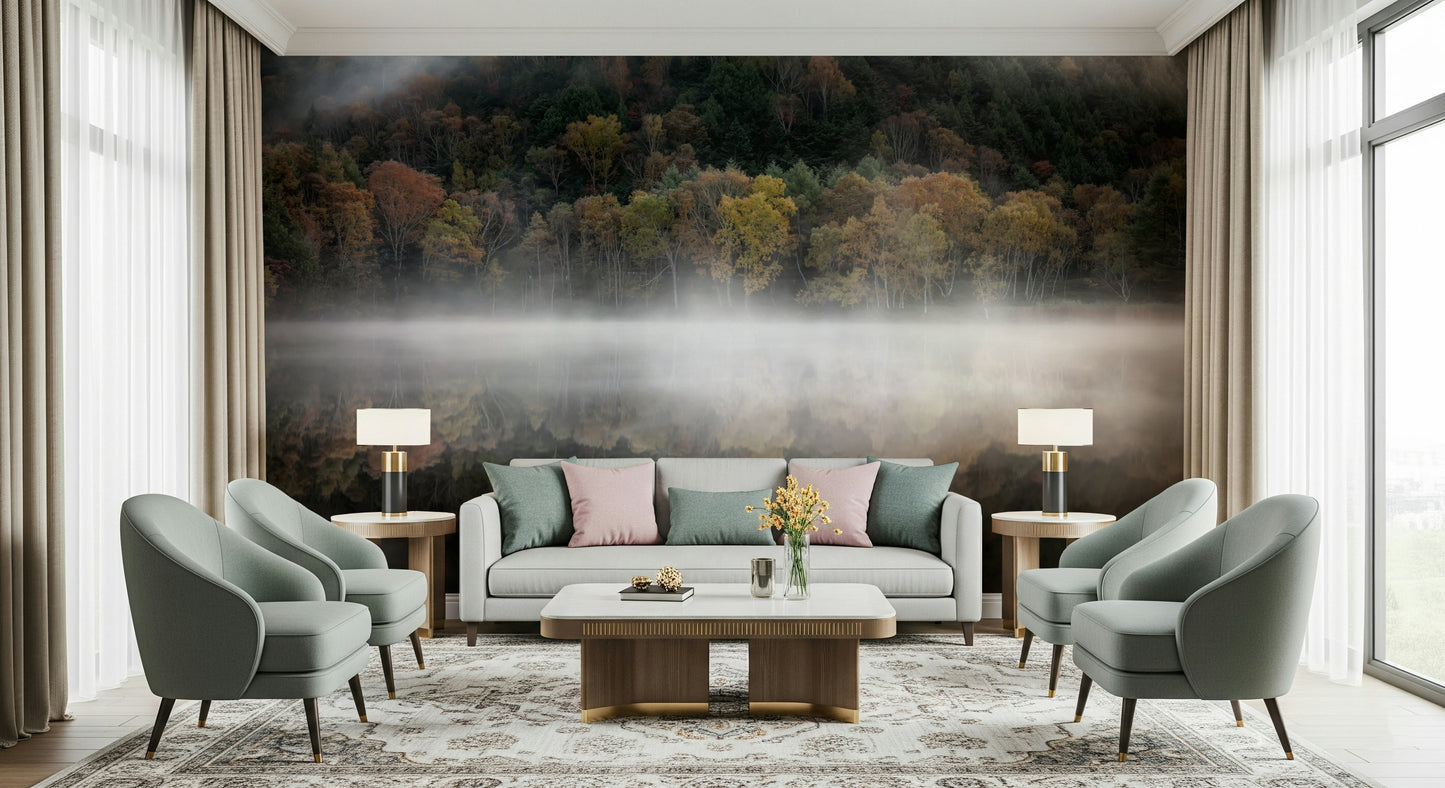 Autumnal forest reflection mural: peaceful setting, vivid color change.