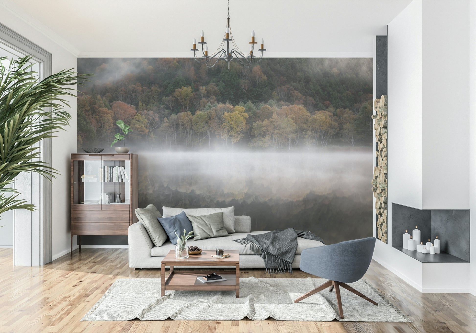 Ethereal Waters Edge Woodland wall decor: hazy landscape, birch trees.