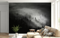 Pine trees shrouded in fog, dark mysterious landscape, Foggy Forest Woodland piece.