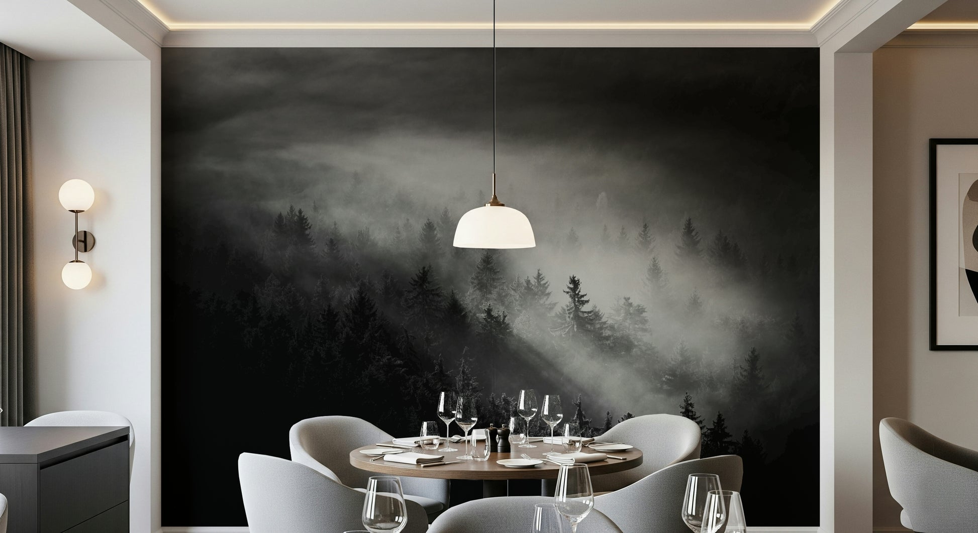Foggy Forest Woodland decor, dramatic contrast, mystical wall accent.