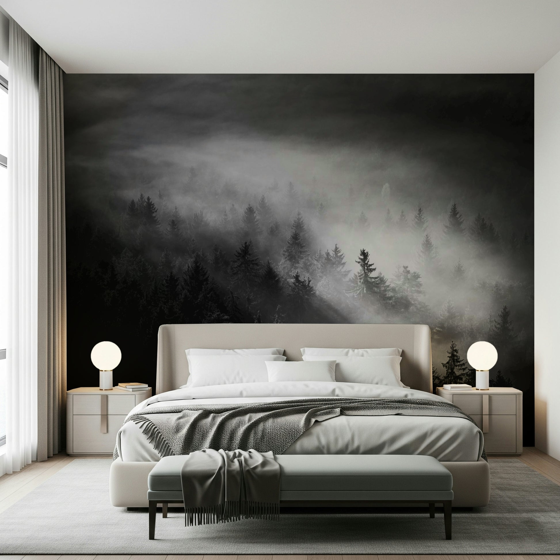 Shining fog over evergreens, high contrast, spectacular Foggy Forest Woodland feature wall.