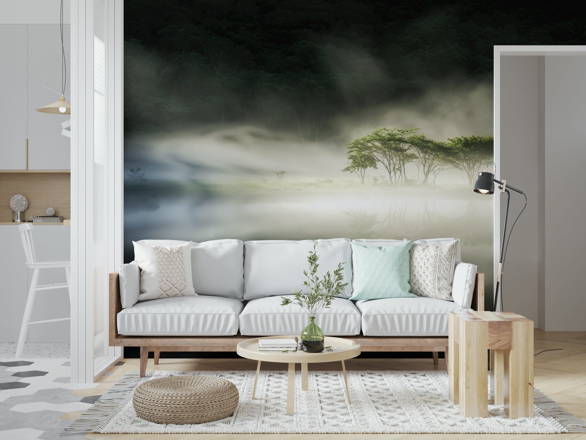 Isolated trees on lake, morning haze, striking Misty Lake Woodland artwork.