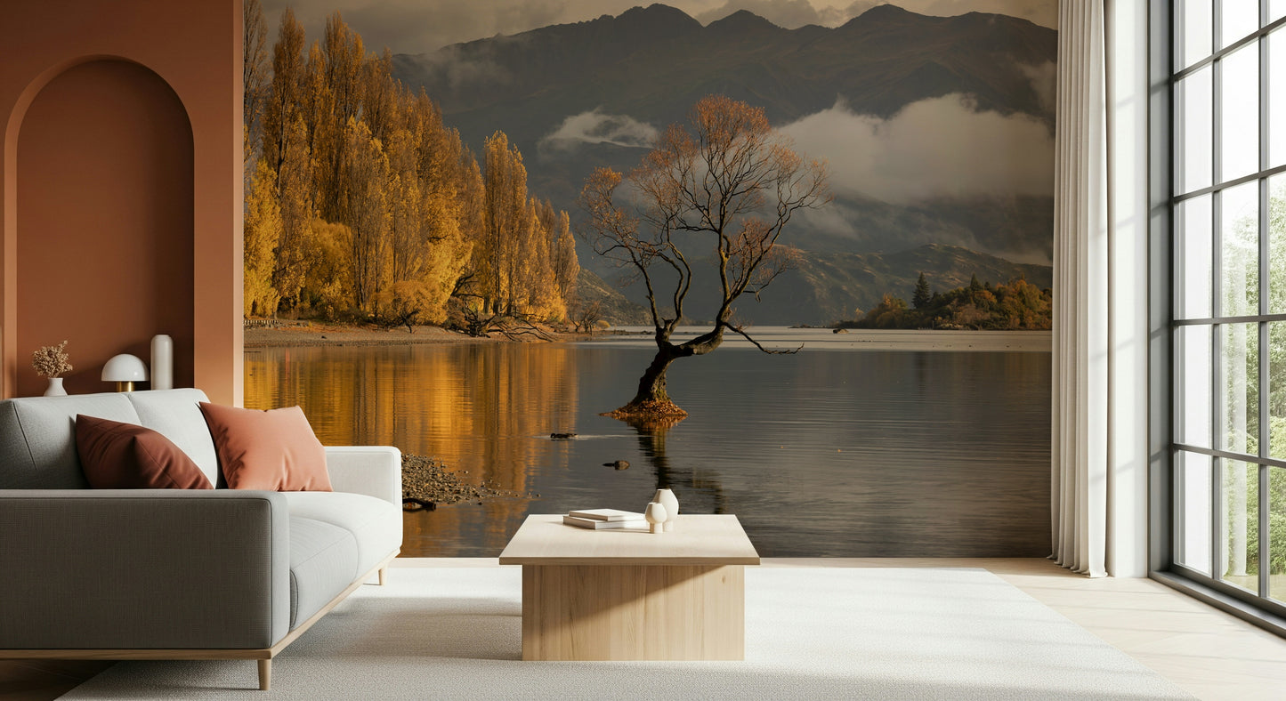 Autumn Woodland Dawn Mirror wall mural, majestic lake view, sunrise colors.