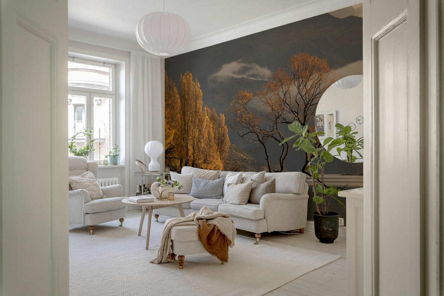 Autumn Woodland Dawn Mirror mural, lonely tree art, misty mountain scenery.