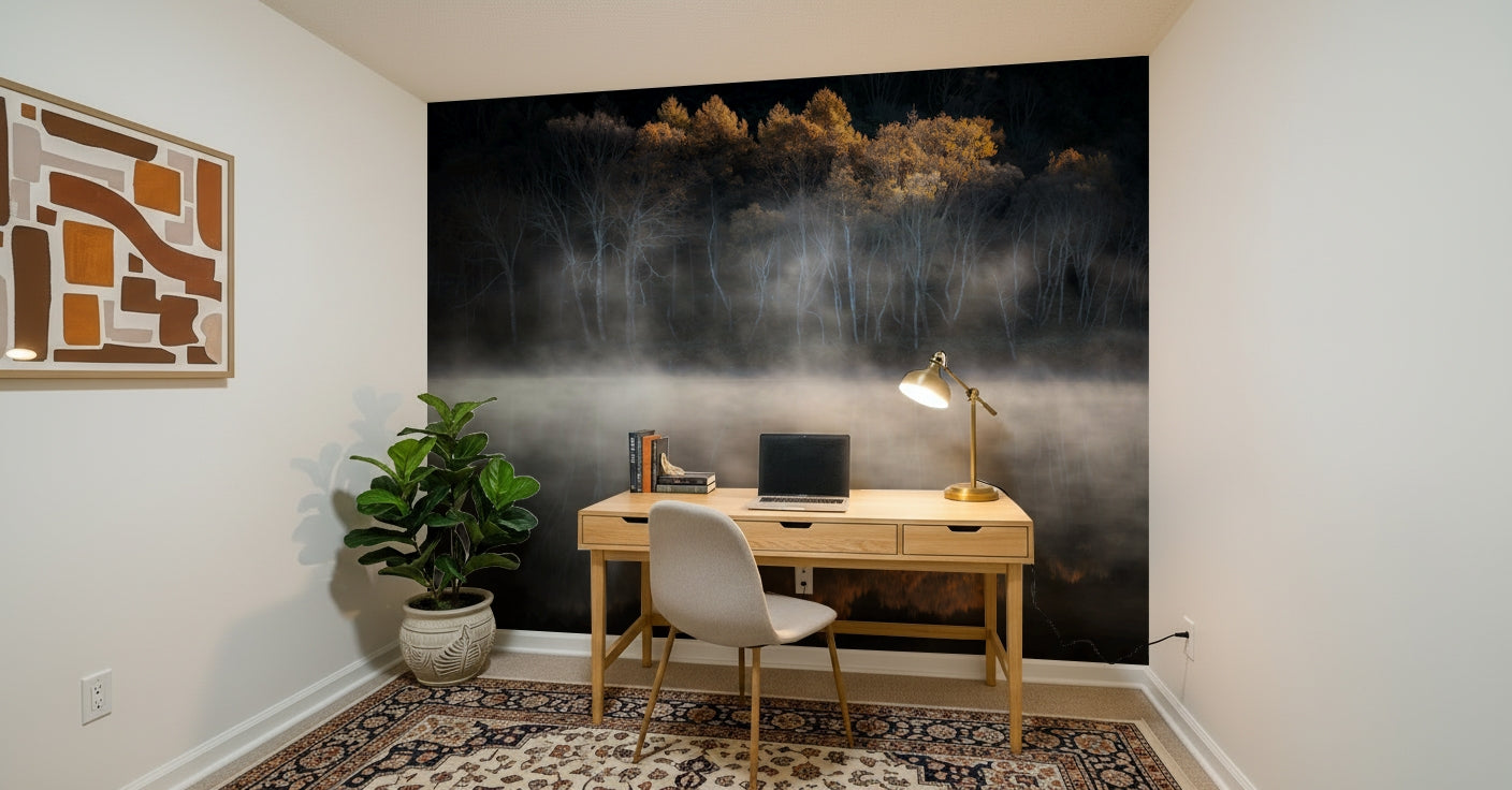 Ethereal Solitude wallpaper, glowing tree tops over water scene.