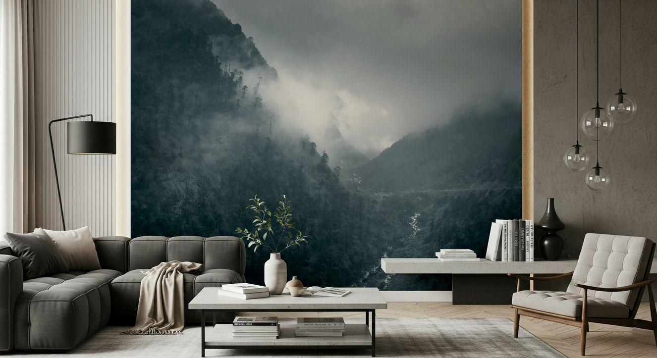 Misty Woodland Cascade wallpaper, atmospheric dark valley, winding river, sublime view.