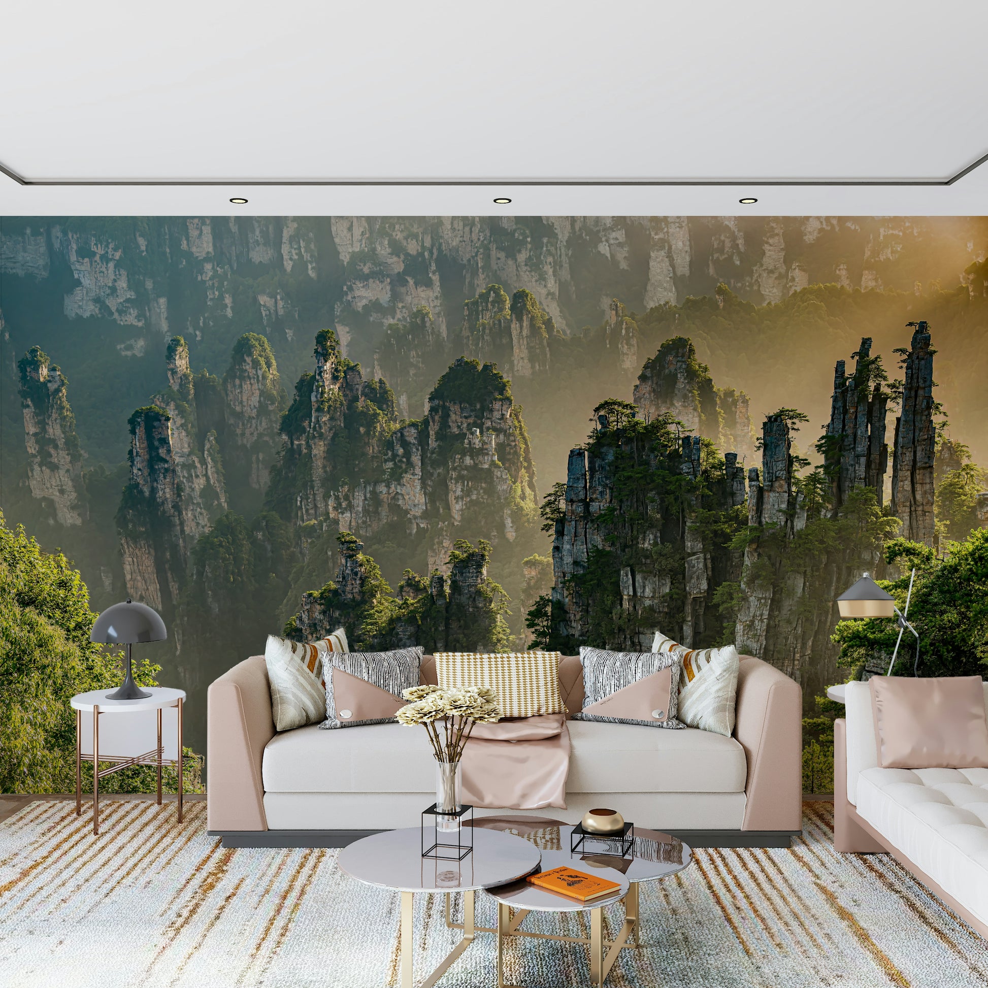 Dramatic rock peaks wallpaper, lush woodland, inspiring natural wonder, artistic.