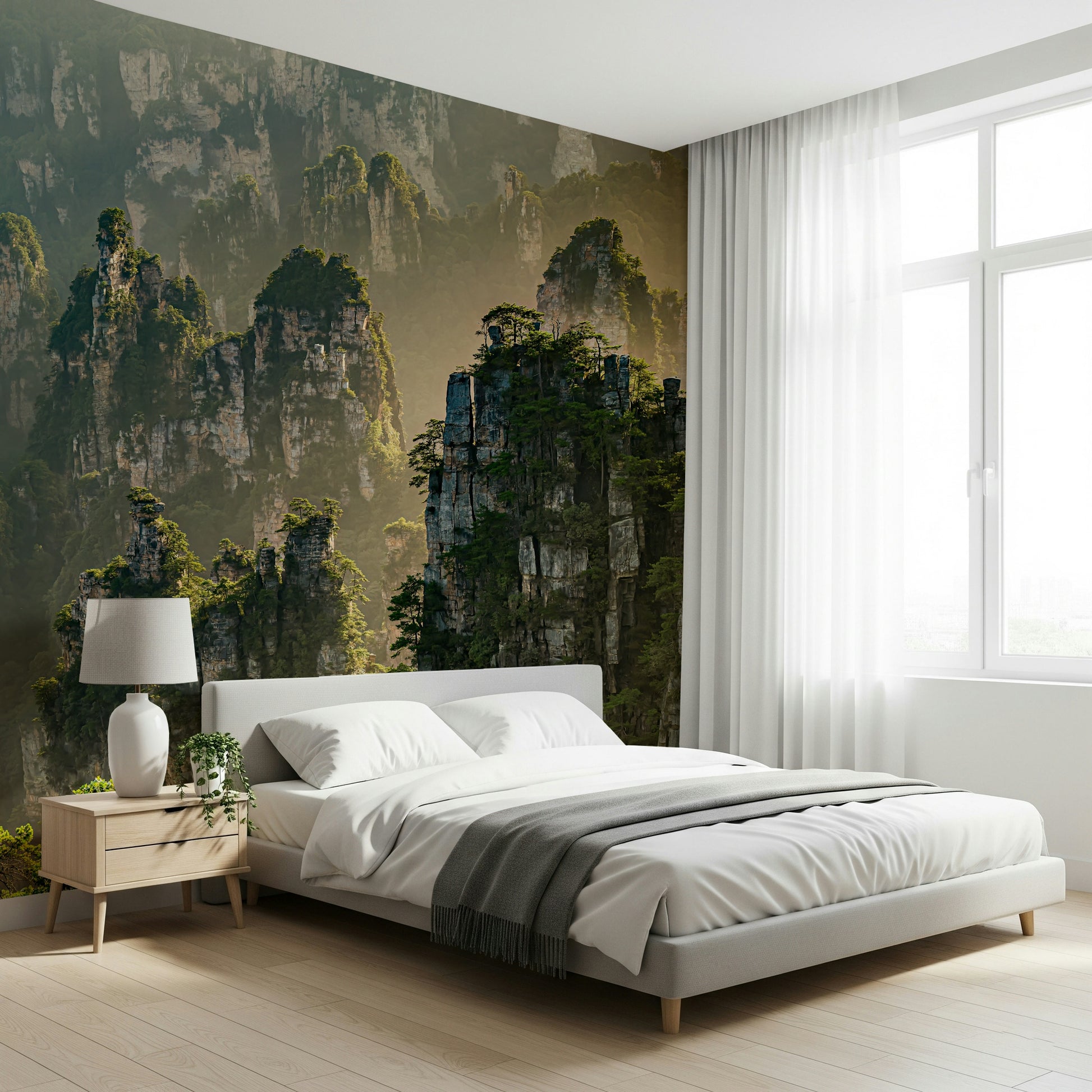 Grandiose peaks wall covering, hazy cliffs, rich green foliage, nature wallpaper.
