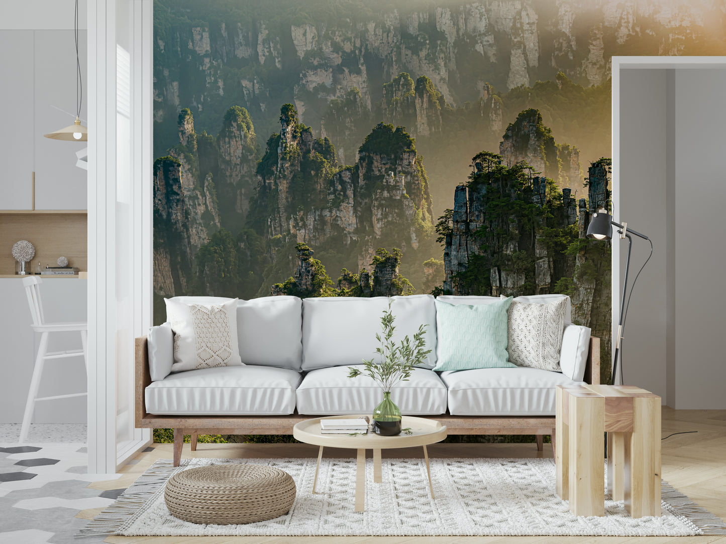 Floating Woodland Peaks mural, towering rock formations, verdant canopy, scenic.