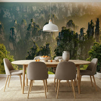Staggering mountain scenery, Floating Woodland Peaks, immersive wall design.