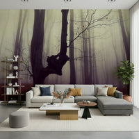 Gothic Woodland Forest wall mural, mysterious trees, eerie fog.