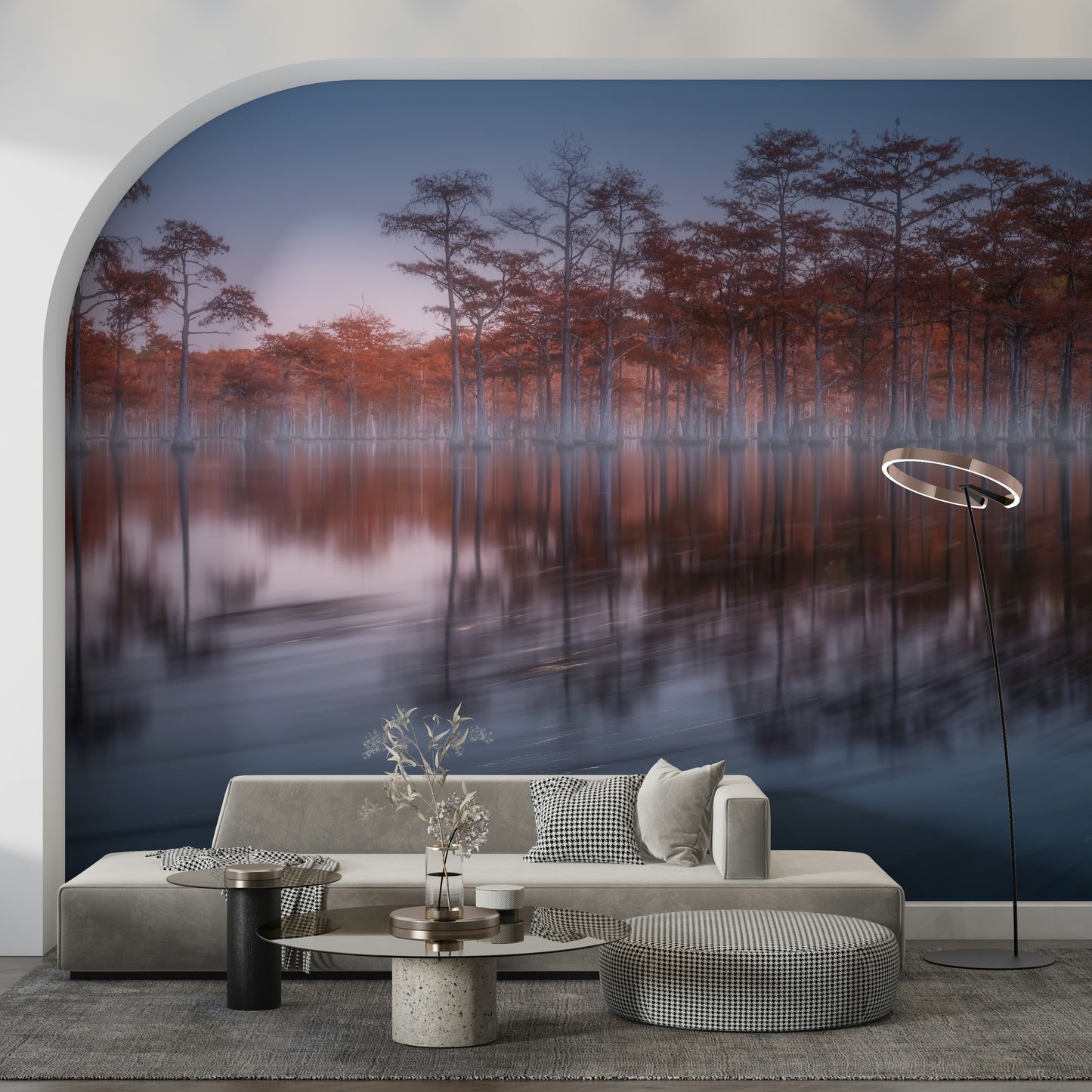 Calm waters reflecting tall trees in Woodland Twilight Lagoon wallpaper print.