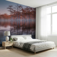 Woodland Twilight Lagoon mural wallpaper for living room with serene nature theme.