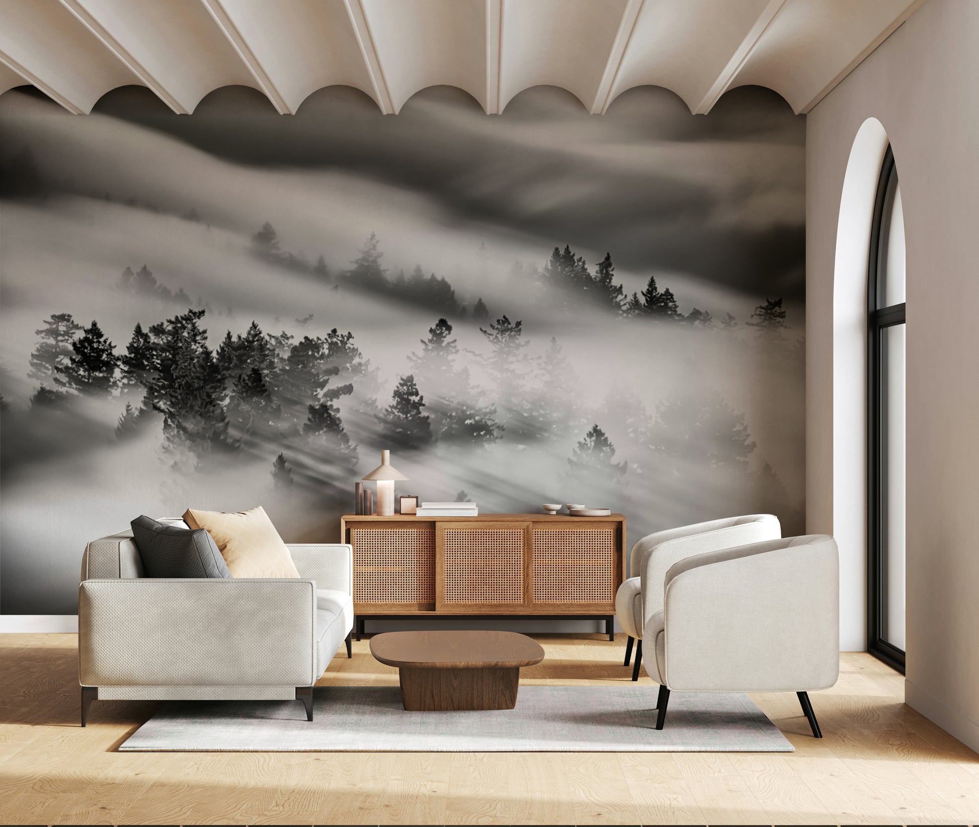 Monochromatic wall mural Woodland Mist Velocity texture.