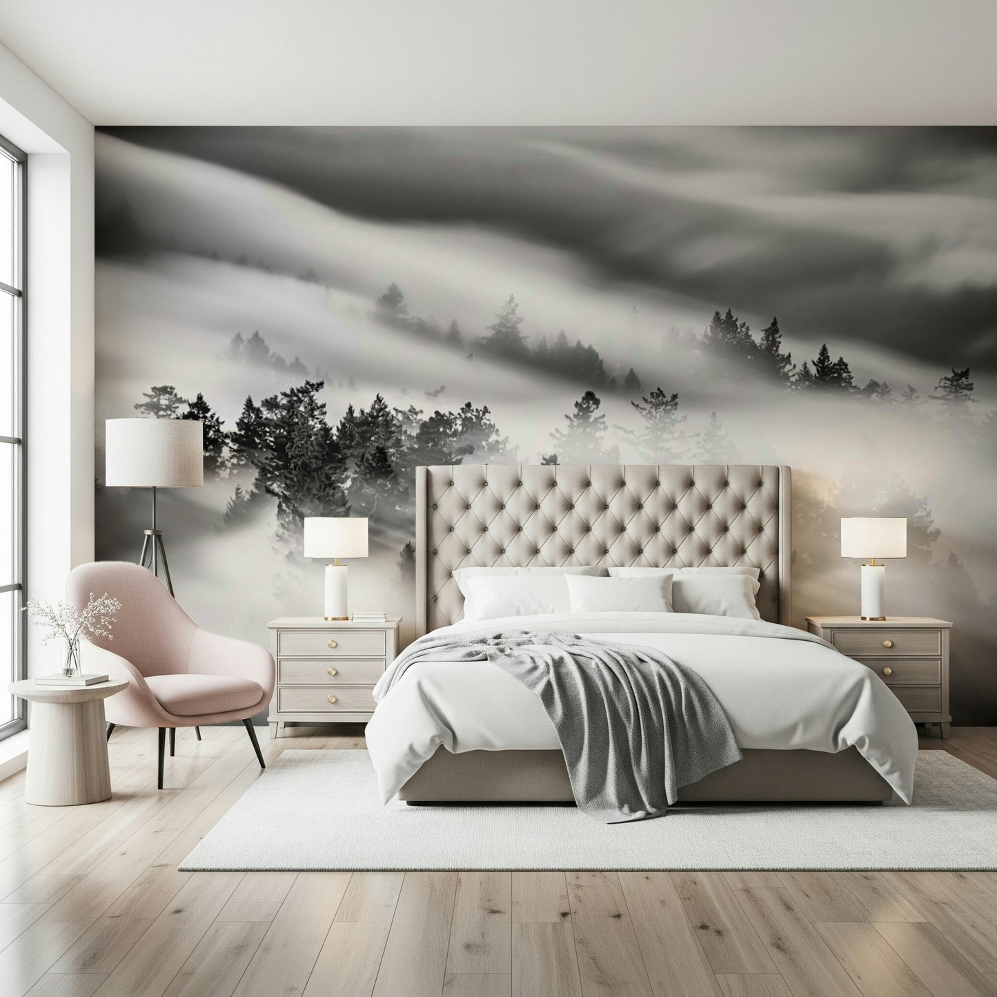 Woodland Black white wallpaper deep forest mist atmosphere.