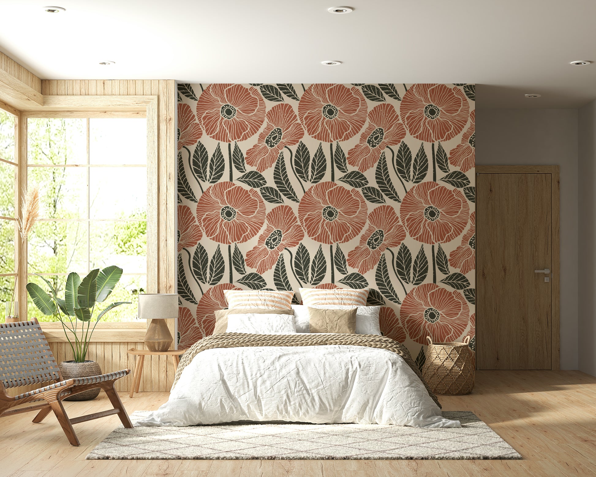 Symmetrical flower head motif on Poppy Floral Modern Rustic Block mural.