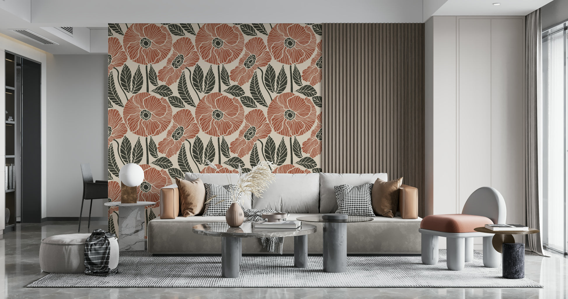 Artistic delicate outlines on Poppy Floral Modern Rustic Block wallpaper.