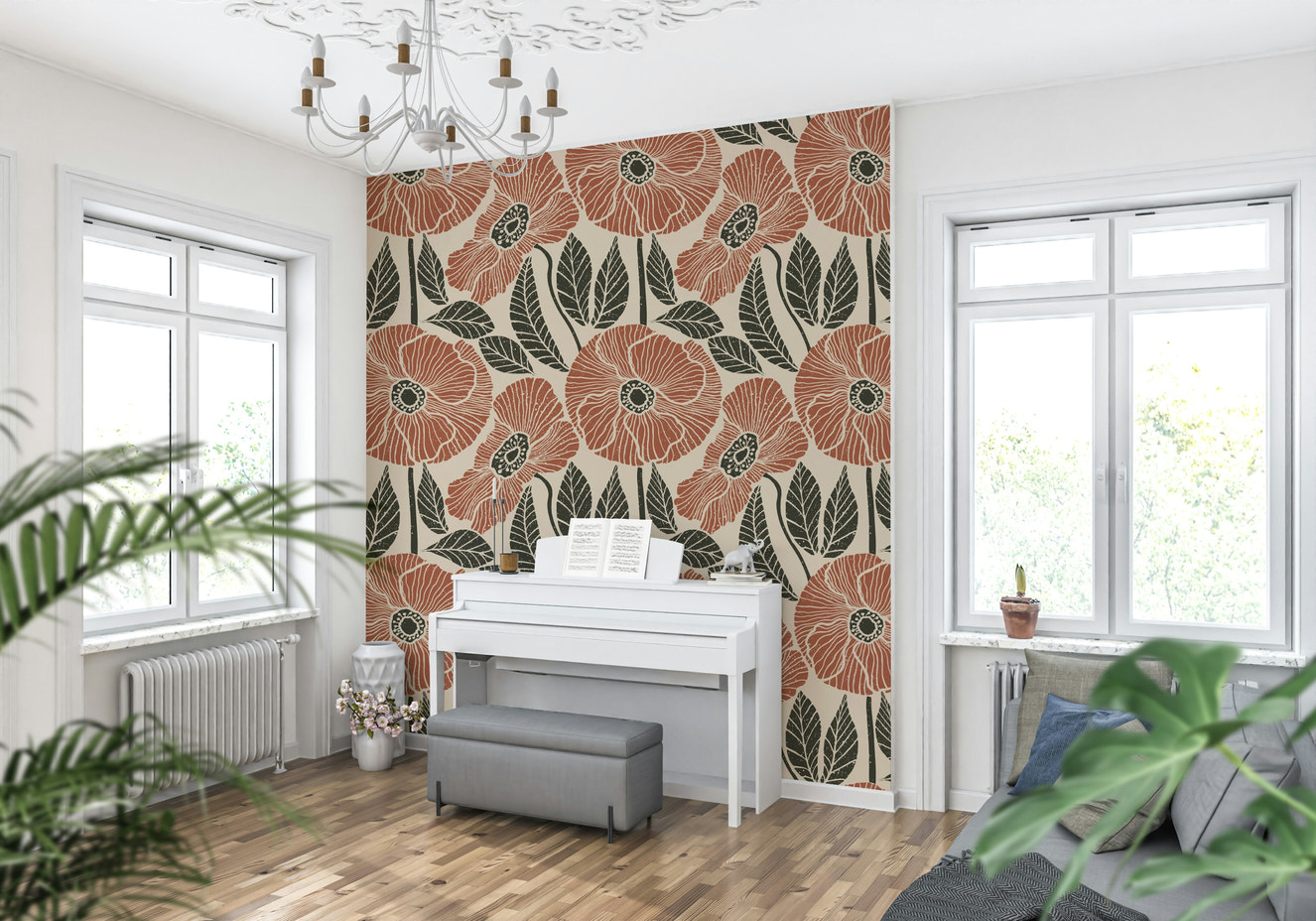Artistic block print texture of Poppy Floral Modern Rustic Block mural art.