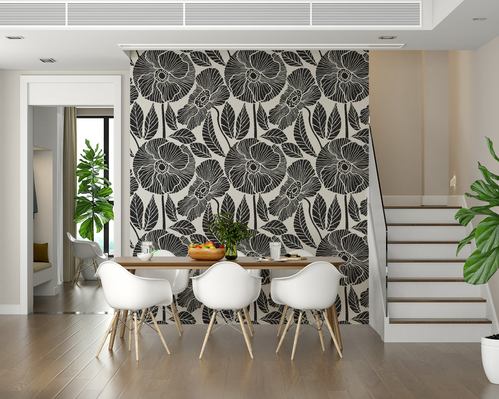 Poppy Floral Modern Black White Block Wallpaper Poppy Floral Modern Black White Block Wallpaper