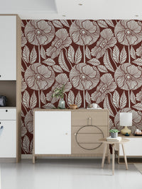 Feature wall mural, charming plant design, neutral terracotta background, bold look.