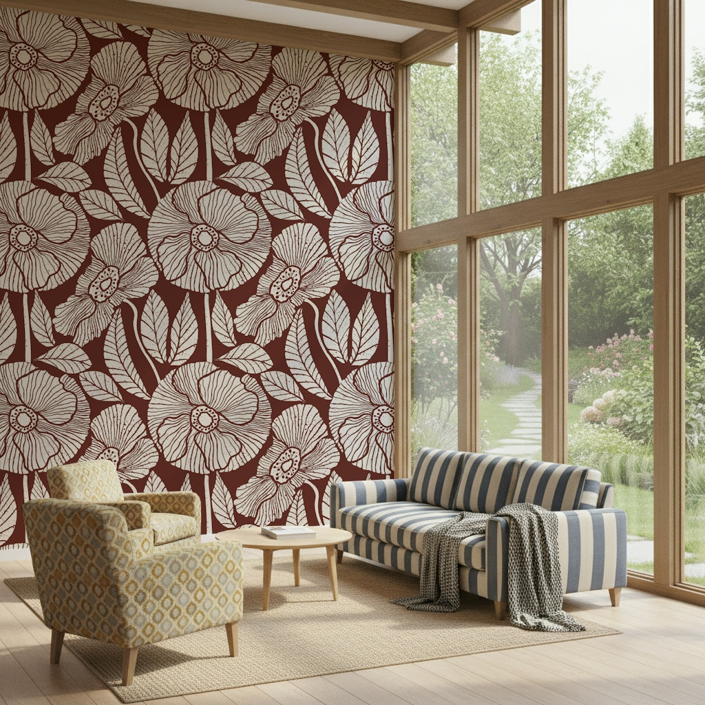 Poppy Floral Modern design, rustic cream bloom on deep burgundy surface.