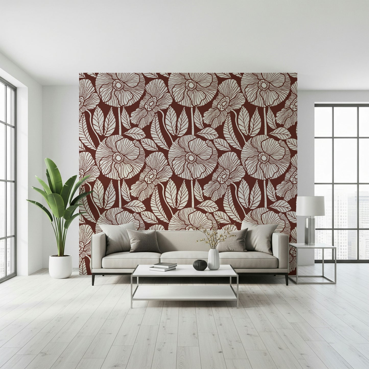 Dark red and off-white print, modern retro wallpaper, distinctive texture.