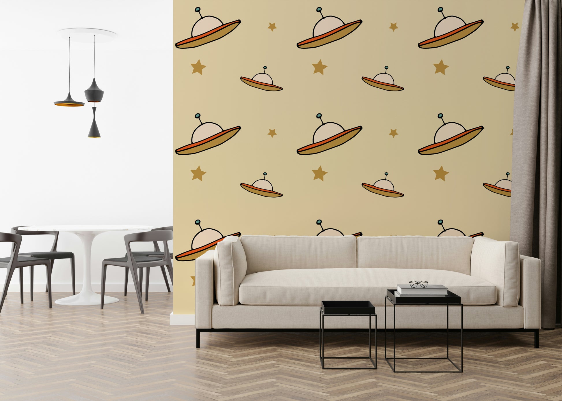 Minimal Vintage UFO Beige coating, simple shapes, imaginative atmosphere.