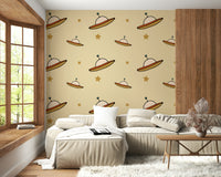 Hand-drawn sky craft, cosmic wall art, Vintage UFO Beige fun covering.