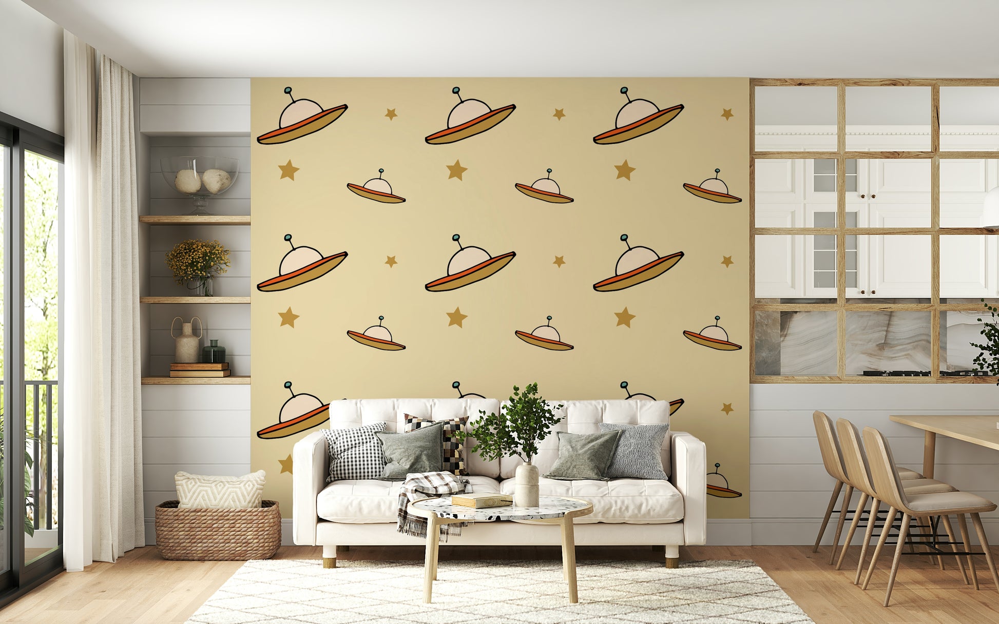 Nursery wall mural, charming alien ship, neutral sand background, bold look.