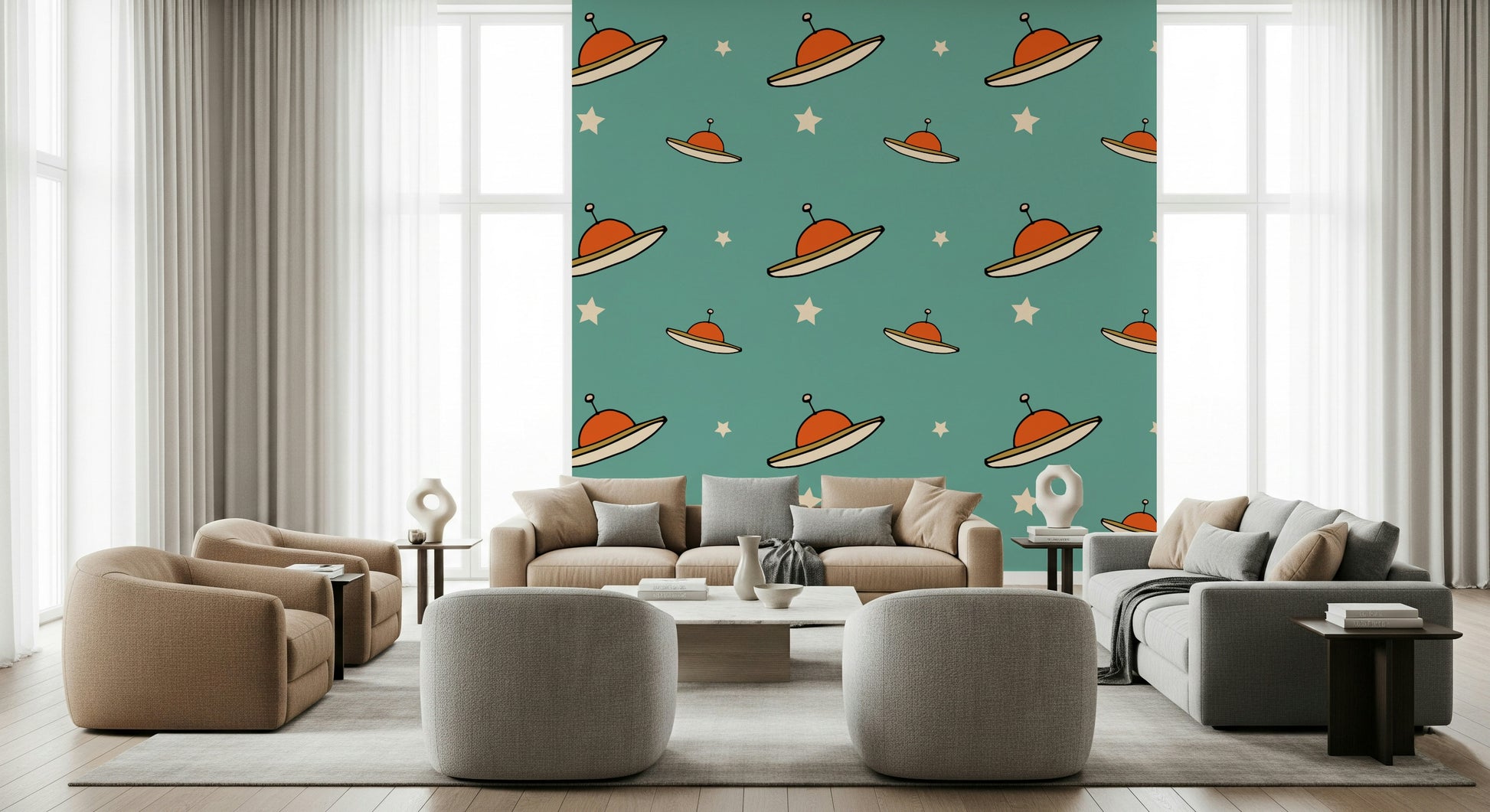 Minimal Vintage UFO Blue decal, a whimsical, cosmic design for walls.