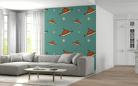 Retro flying saucer wallpaper mural, aqua background, creamy stars pattern.