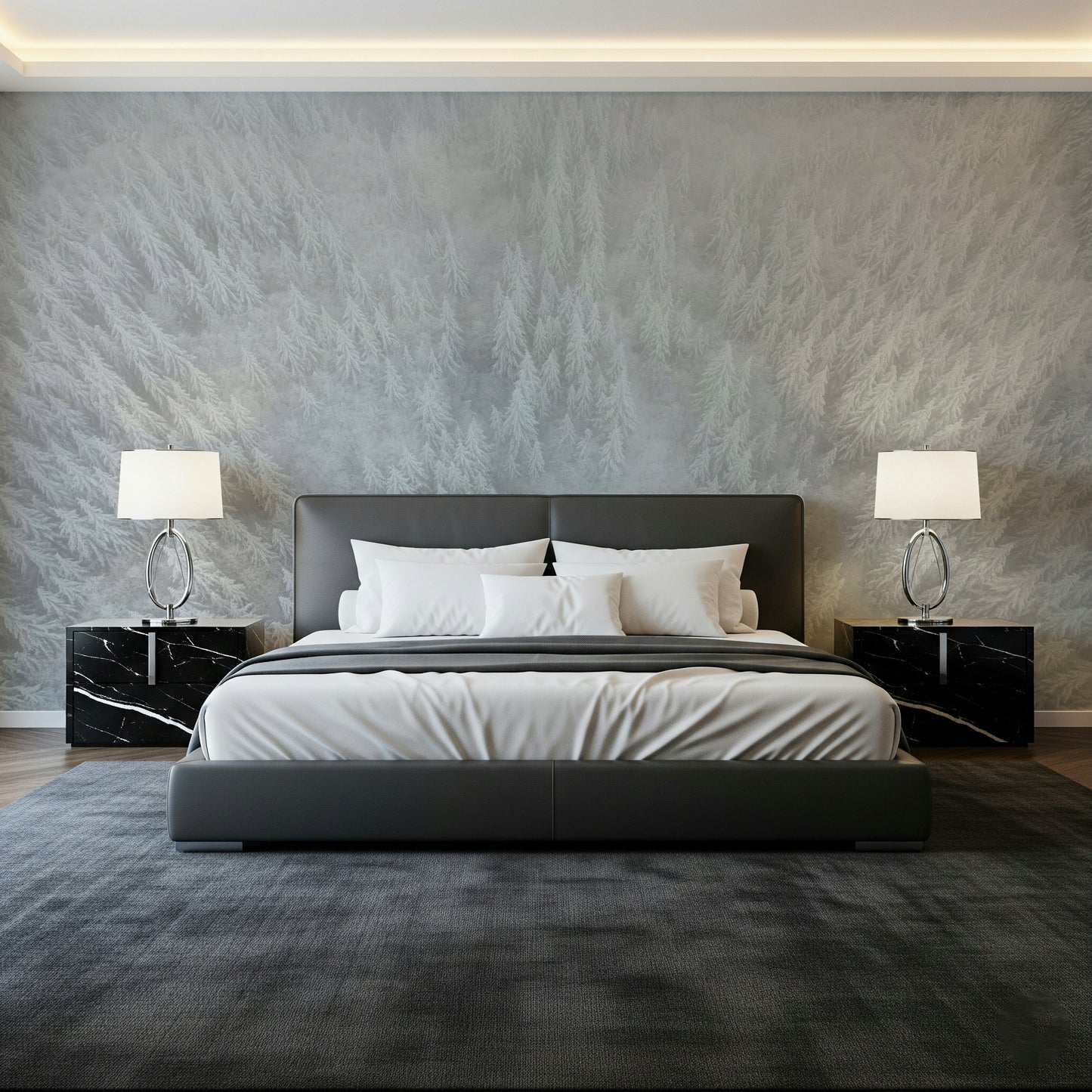 Frosted Canopy wallpaper Winter forest aerial view, snow-covered pine trees wall mural.