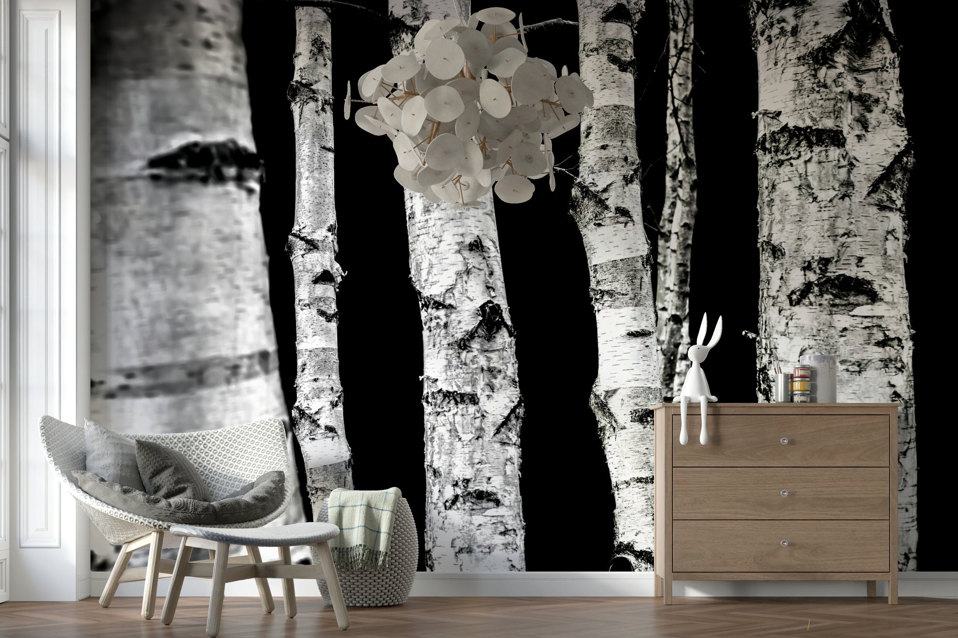 Abstract wall mural of woods; high-contrast grayscale birch trees.
