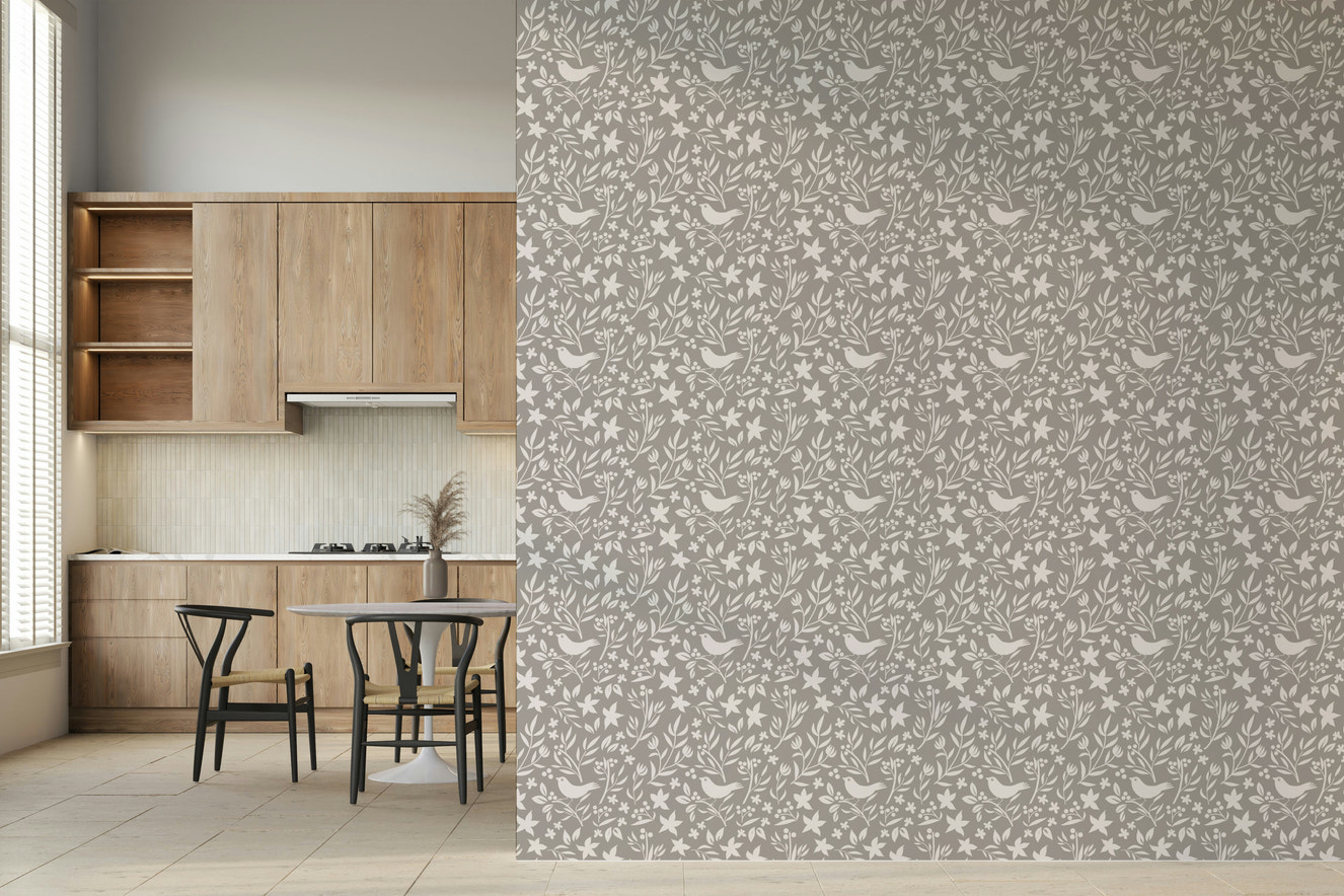 Scandinavian or Folk Bird Botanical Theme wallpaper mural with songbirds

