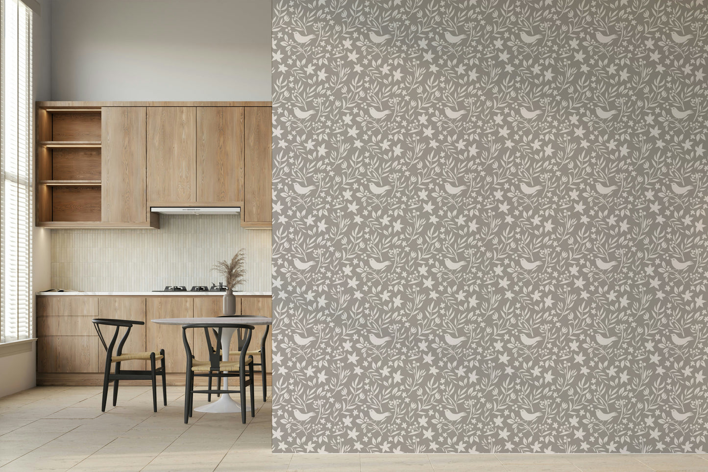 Scandinavian or Folk Bird Botanical Theme wallpaper mural with songbirds

