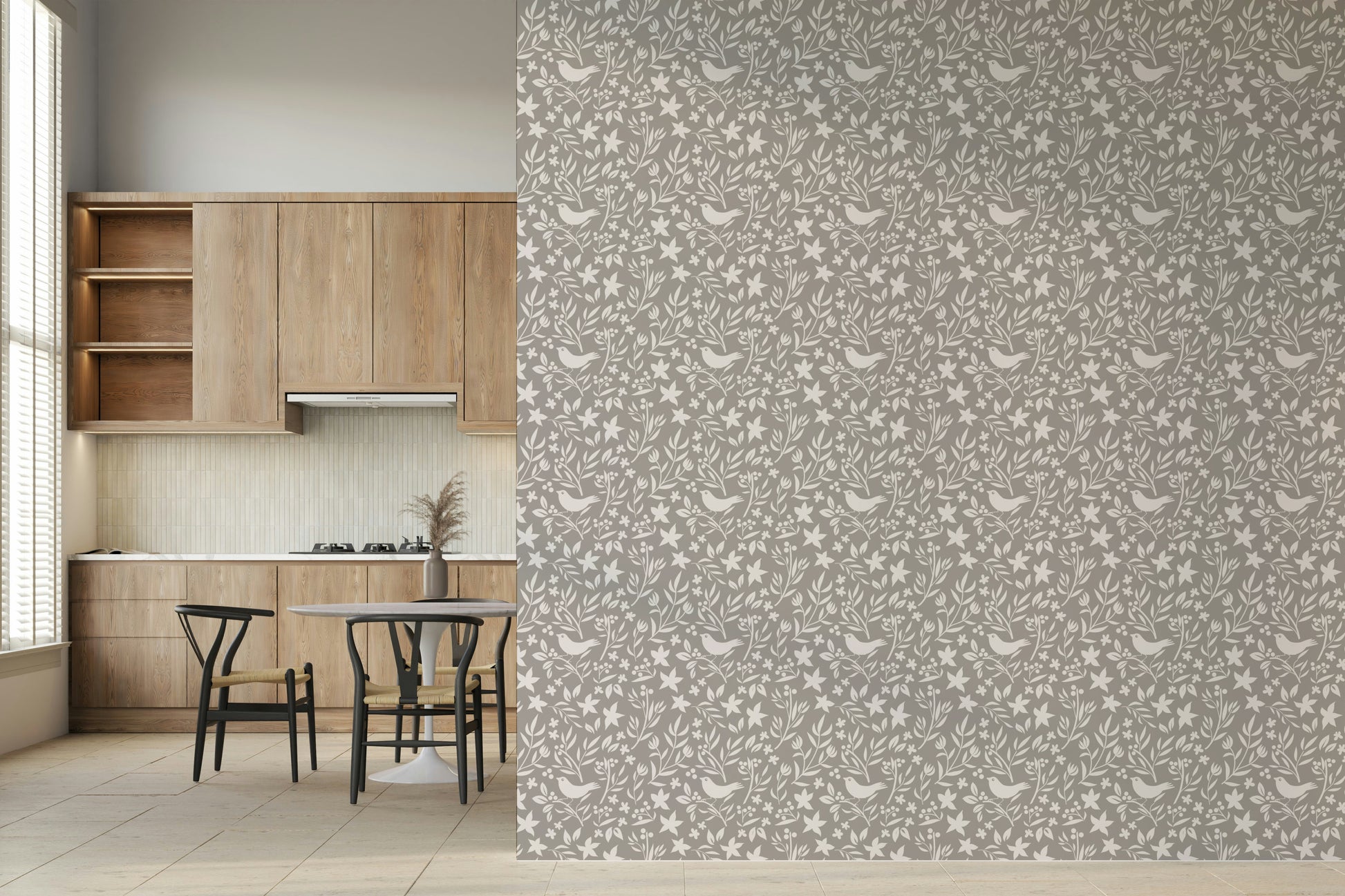 Scandinavian or Folk Bird Botanical Theme wallpaper mural with songbirds

