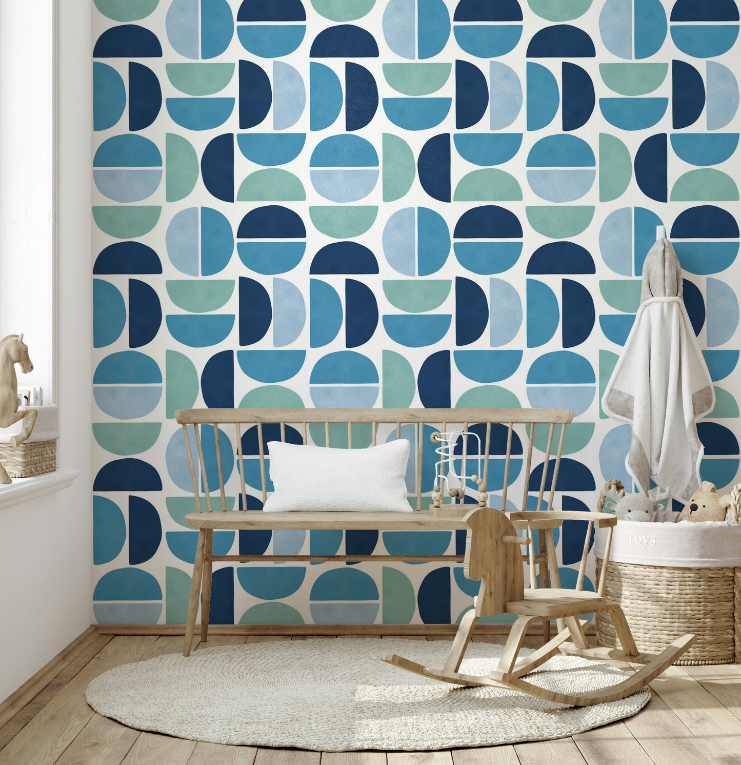 Vibrant Ocean Echoes wallpaper, coastal influence, artistic pattern.