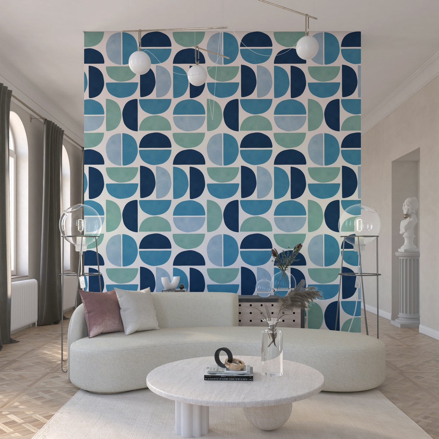 Teal and cobalt wallpaper for walls, Ocean Echoes geometric art.